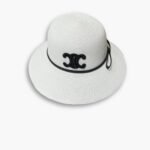 Celine Triomphe Raffia Bucket Hat With Bow White
