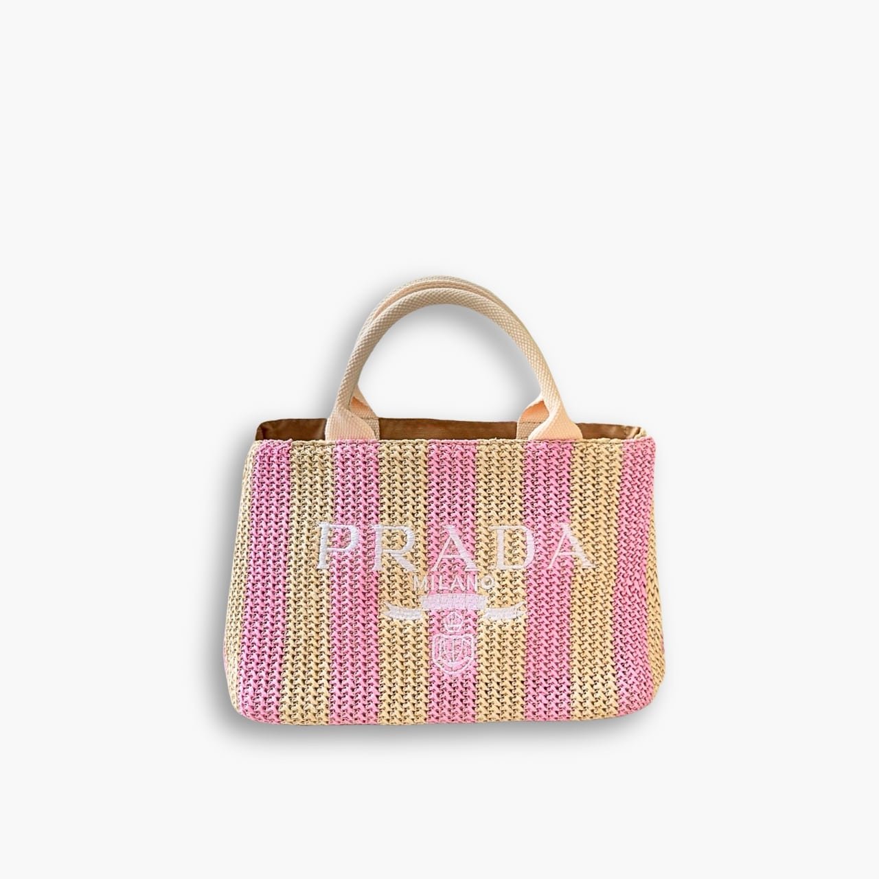 ELG_CLB1013-1 Prada Tote Printed Raffia Tan Pink Small 30cm - Image 1