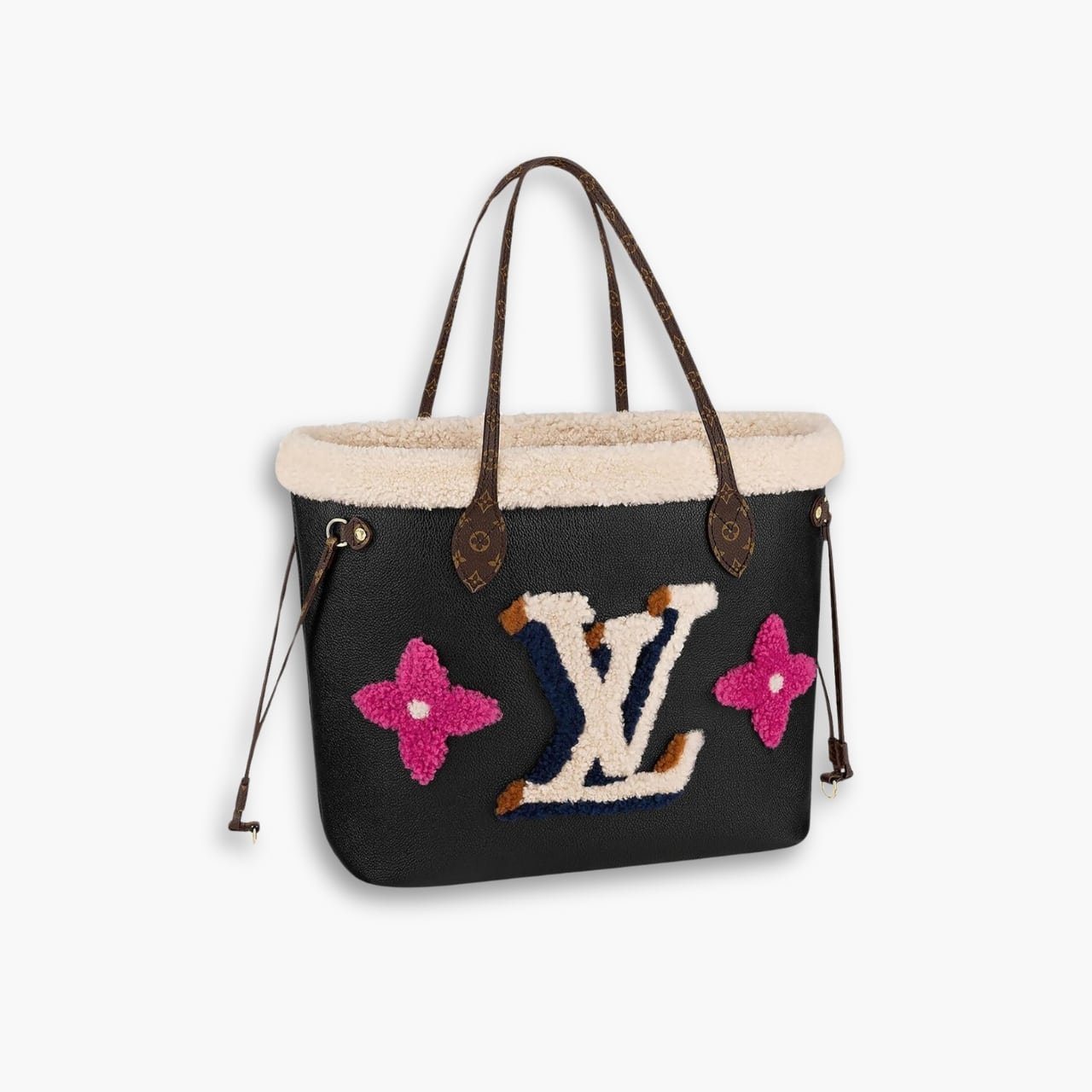 ELG_VLB1172 Louis Vuitton Teddy Monogram Shearling Neverfull Mm Black 33cm - Image 1